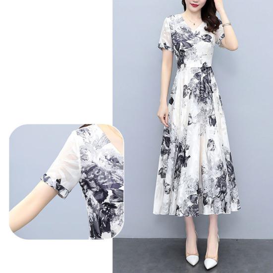 Women's Summer Flowy Chiffon Maxi Dress Casual Short Sleeve V Neck Long Dress Boho Floral Beach Sundress