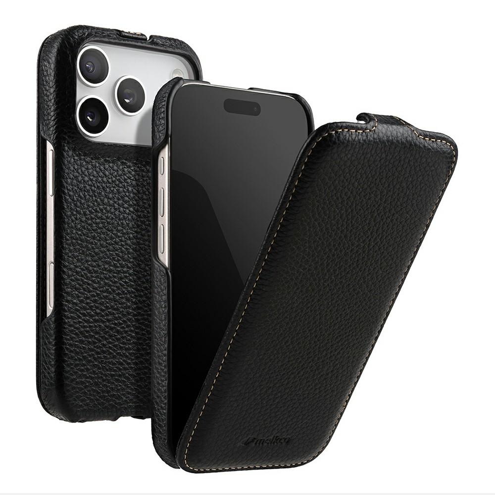 MELKCO For iPhone 17 Pro Max Case Compatible with MagSafe Vertical Flip Genuine Cow Leather+PC Phone Cover