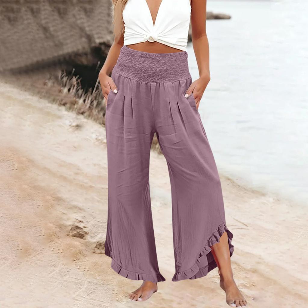 Womens Palazzo Pants Summer Casual Flowy Wide Leg Trousers Beach Travel Vacation Outfits