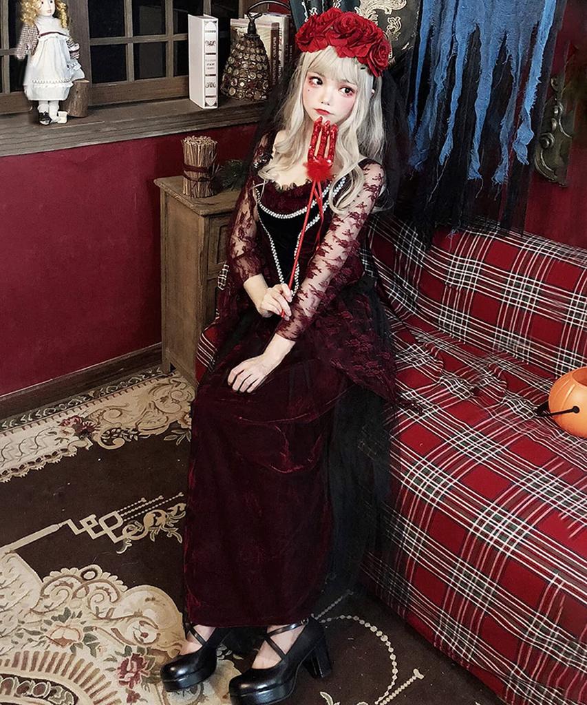 [Milky Time] Vampire Halloween Cosplay Bride Zombie Costume with Rose and Red Veil Set
