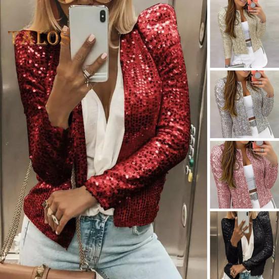 Frühling Herbst Dame Mantel Pailletten Schneiden Lange Ärmeln Offenen Stich Strickjacke Club Party Leistung Kurze Art Jacke