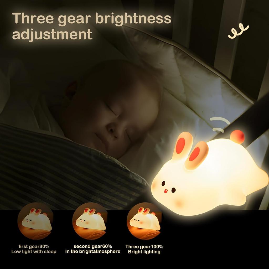 Kawaii Decor Boys Girls Gifts - Cute Bunny Led Animal Night Light Sleep Lamp Bedside Lamp Nursery Night Light - 3 Level Dimmable USB Rechargeable -