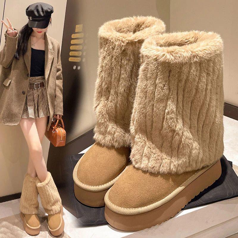 Plus Size Wide Women's Thick Sole Snow Boots, Winter Fleece Mid-Calf, Sizes 35-43.