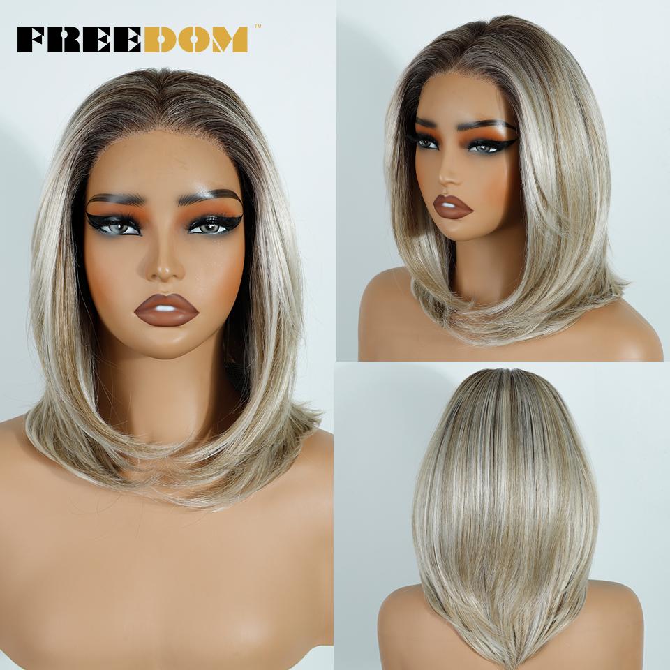 FREEDOM 13x4 Synthetic Lace Front Wigs For Women Short Bob Wig With Bangs Pre Plucked Wear And Go Pre-cut Ombre Blonde Lace Wigs