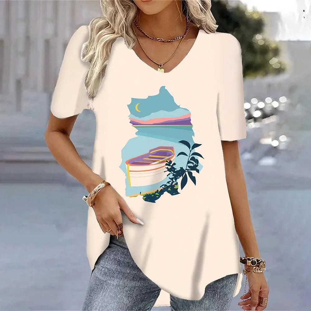 

Летний топ с V-образным вырезом и 3D-принтом для пляжа, модные повседневные женские футболки с короткими рукавами 5XL