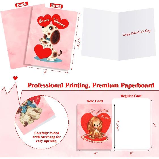 Jetec 48 Pcs Vintage Puppy Valentine's Day Cards with Envelopes Retro Puppies Valentines Greeting Cards Bulk Boxed Vintage Dog Valentines Day Note