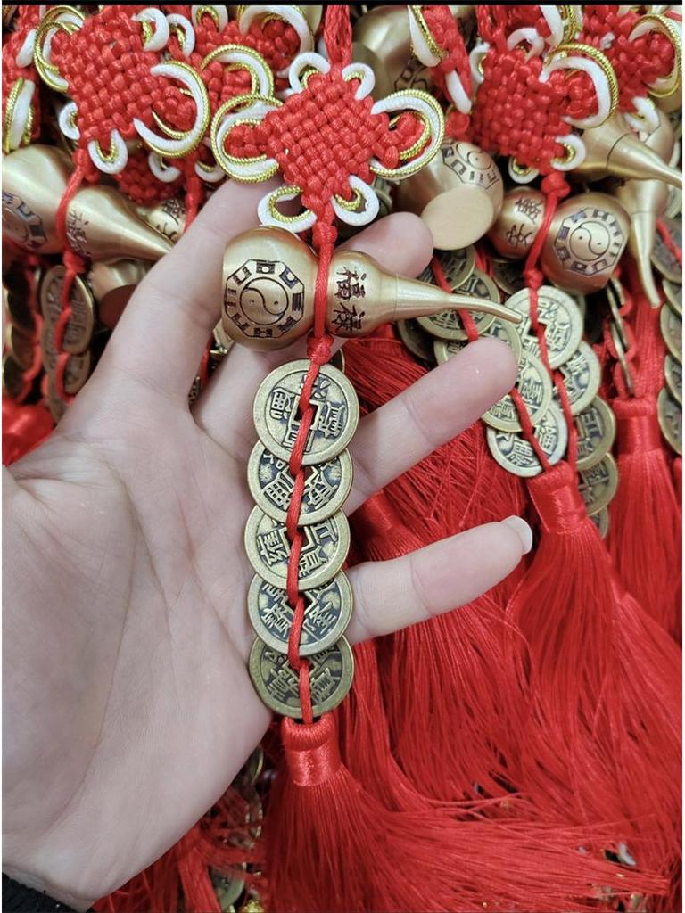 Pure Copper Five Emperors Coins & Bagua Gourd Pendant for Fortune, Health, and Feng Shui Blessing (7cm)