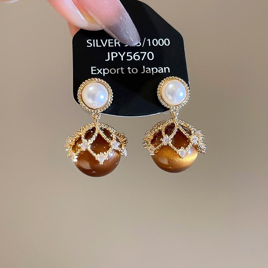 18k real gold electroplated tiger's eye stone geometric stud earrings Maillard temperament earrings earrings women