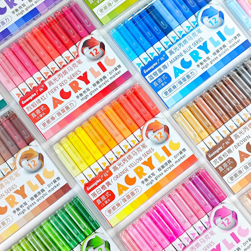 GuangNa 12 Colors/box Direct Liquid Hardhead High-gloss Acrylic Marker, for Student Notebook Writing, DIY Painting Graffiti