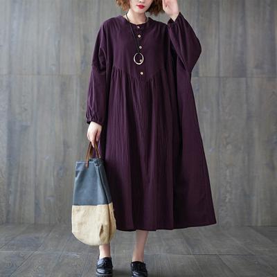 Jesienna damska koszulka w stylu vintage, bawełniana i lniana, z długimi rękawami, luźna sukienka Boho, w kolorze ciemnym