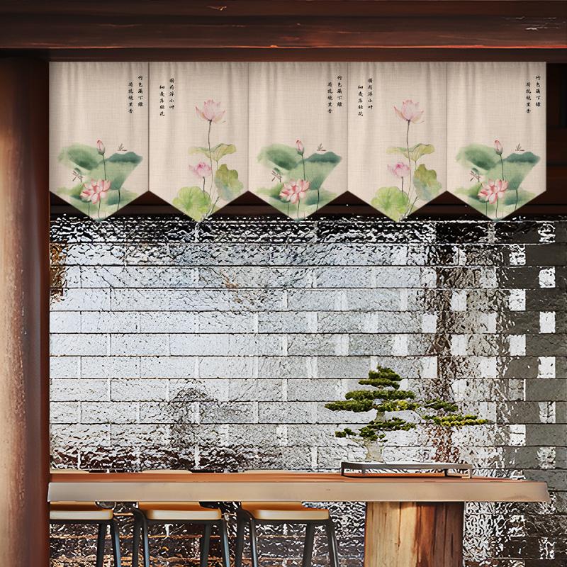 Chinese Style Lotus Printed Short Curtain Kitchen Partition Restaurant Half-Curtain Home Doorway Bedroom Decor Window Drape