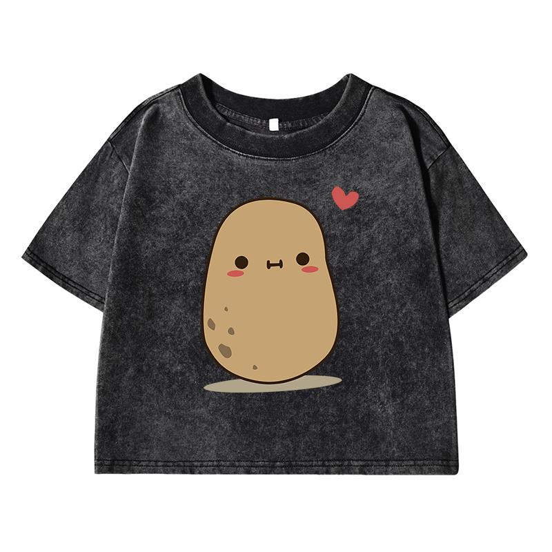 Cute Little Potatoes Printing Female Washed Short T Shirt Summer Casual Tshirt Street Clothes Fashion Loose Distress Tee