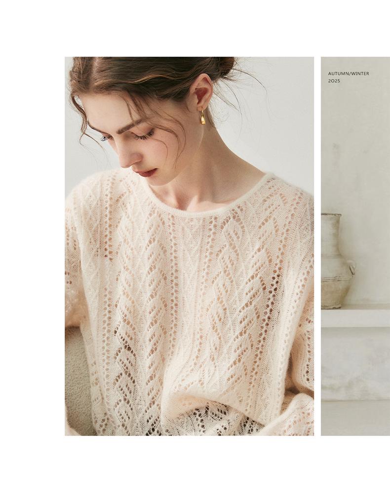 2025 Autumn/Winter Round Neck Cashmere Hollow Knit Cardigan - Women's Plus Size, Loose Fit, Versatile & Lazy Style Sweater