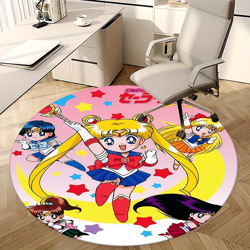 1pc Sailor Moon Anime Cartoon Design Round Carpet for Office Chair Mat, NonSlip Rug Suitable for Home Decor, Living Room, Bedroom