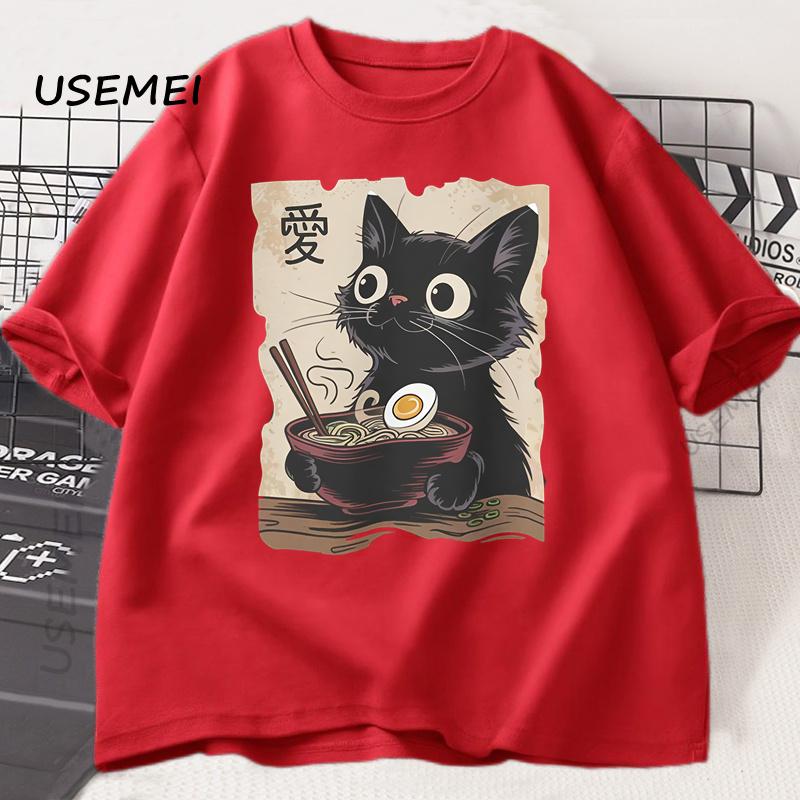 Funny Cat Ramen T-shirt Graphic Tee Japanese Kawaii Anime Cat Graphic T Shirts Men Women Casual Short Sleeve Cotton Tee Shirt