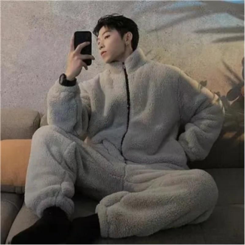 

Men s Winter Thickened Padded Loungewear Cardigan Warm Jacket + Pants Two-piece Set 4XL сірий