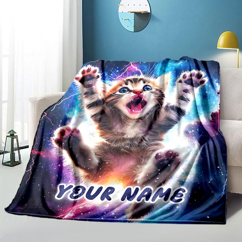 1PC Custom Name Space Kitten Adventure Flannel Blankets Patterns Throw Blanket All-Season Soft Gift for Couch, Bed, Camping Gifts