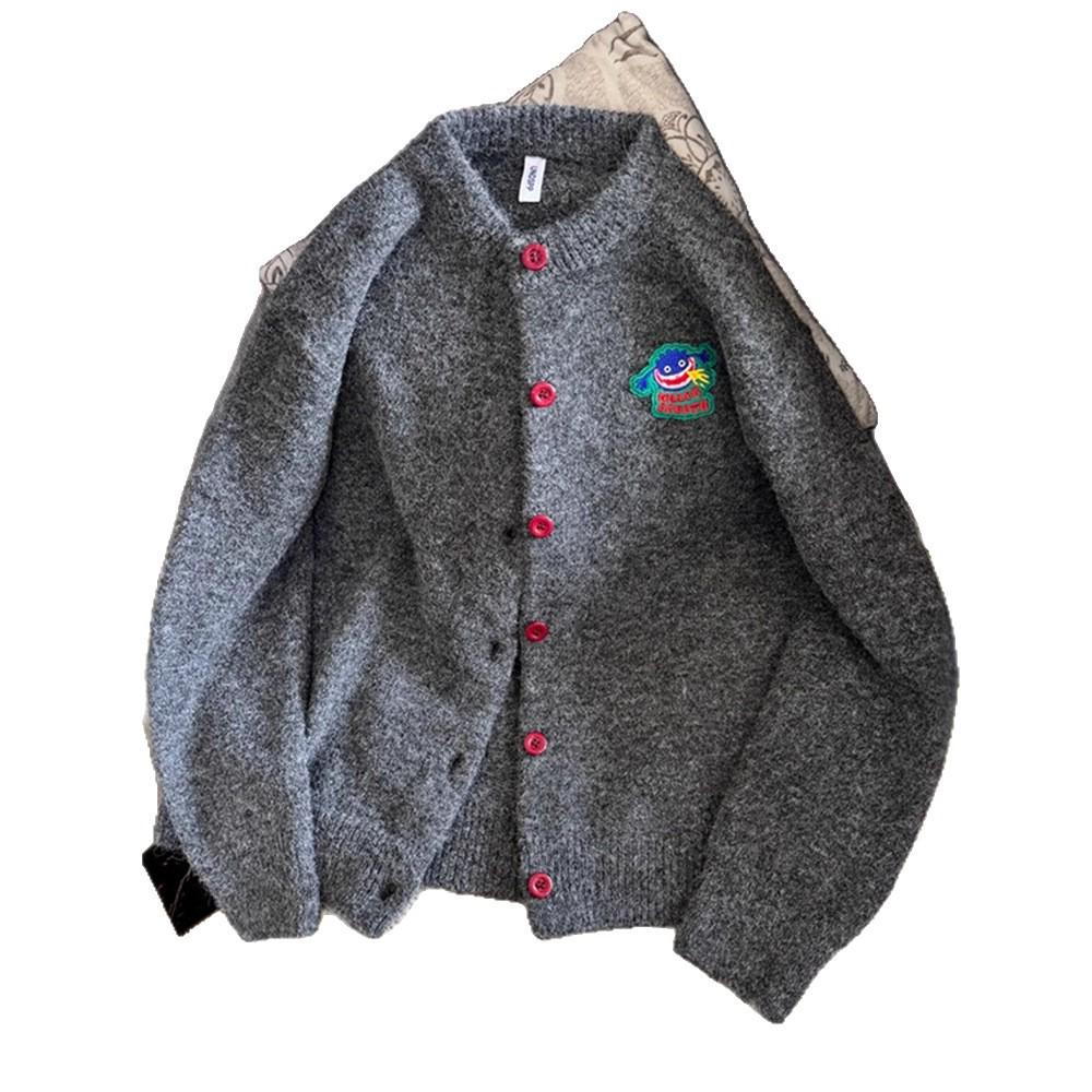 Grey Cartoon Embroidered Sweater Cardigan - Trendy Casual Knitwear for Autumn/Winter