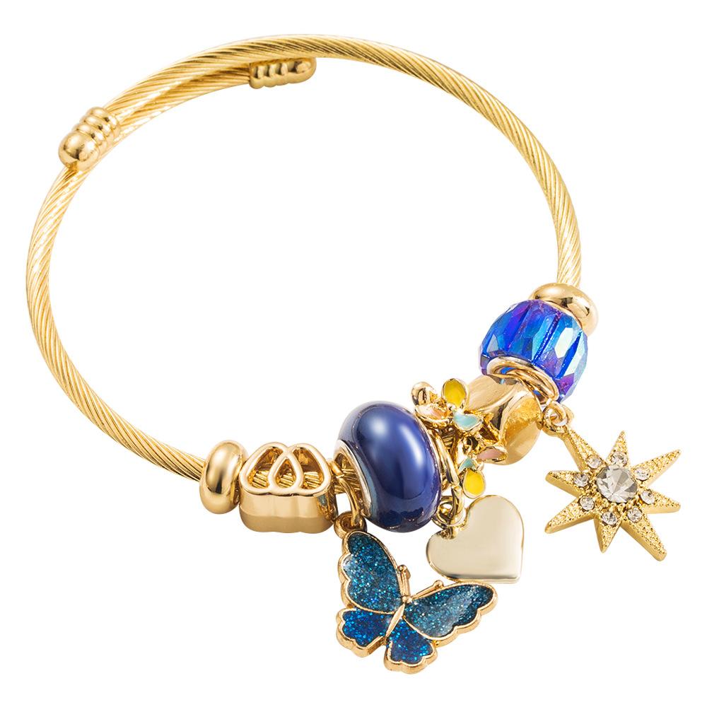 Beaded Stainless Steel Bracelet with Oil Drip Butterfly Inlaid Diamond Hexagram Pendant, Trendy Fashion Friendship Bracelet