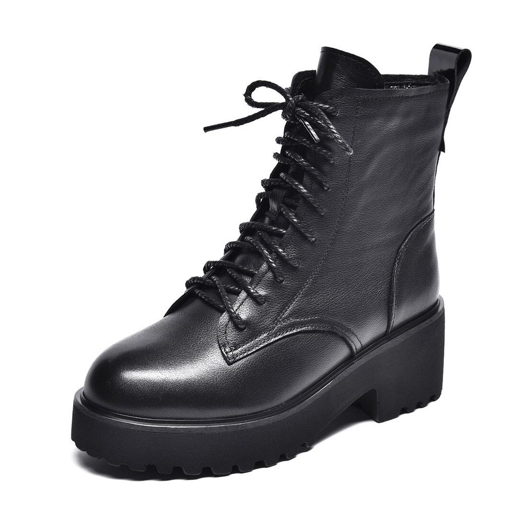 Women's boots 2025 winter new British style platform leather boots black first layer cowhide lace-up short boots casual muffin boots