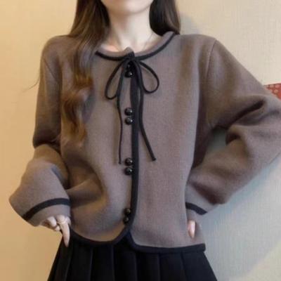 Autumn and Winter New Bow-tie Knitted Cardigan Women's Soft Waxy Loose Age-reducing Single-breasted Sweater Jacket