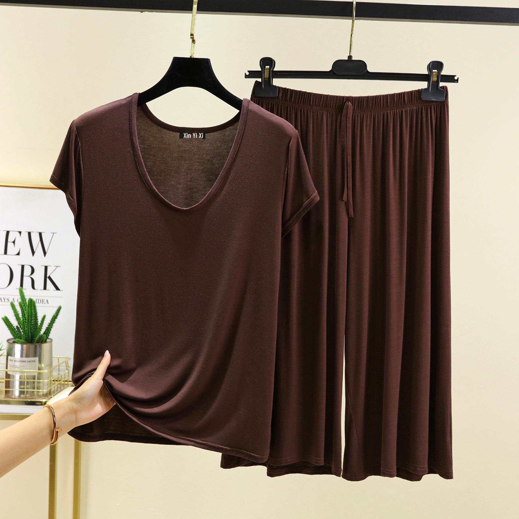 

Женский летний повседневный модальный костюм-двойка: Топ с коротким рукавом и брюки прямого кроя L