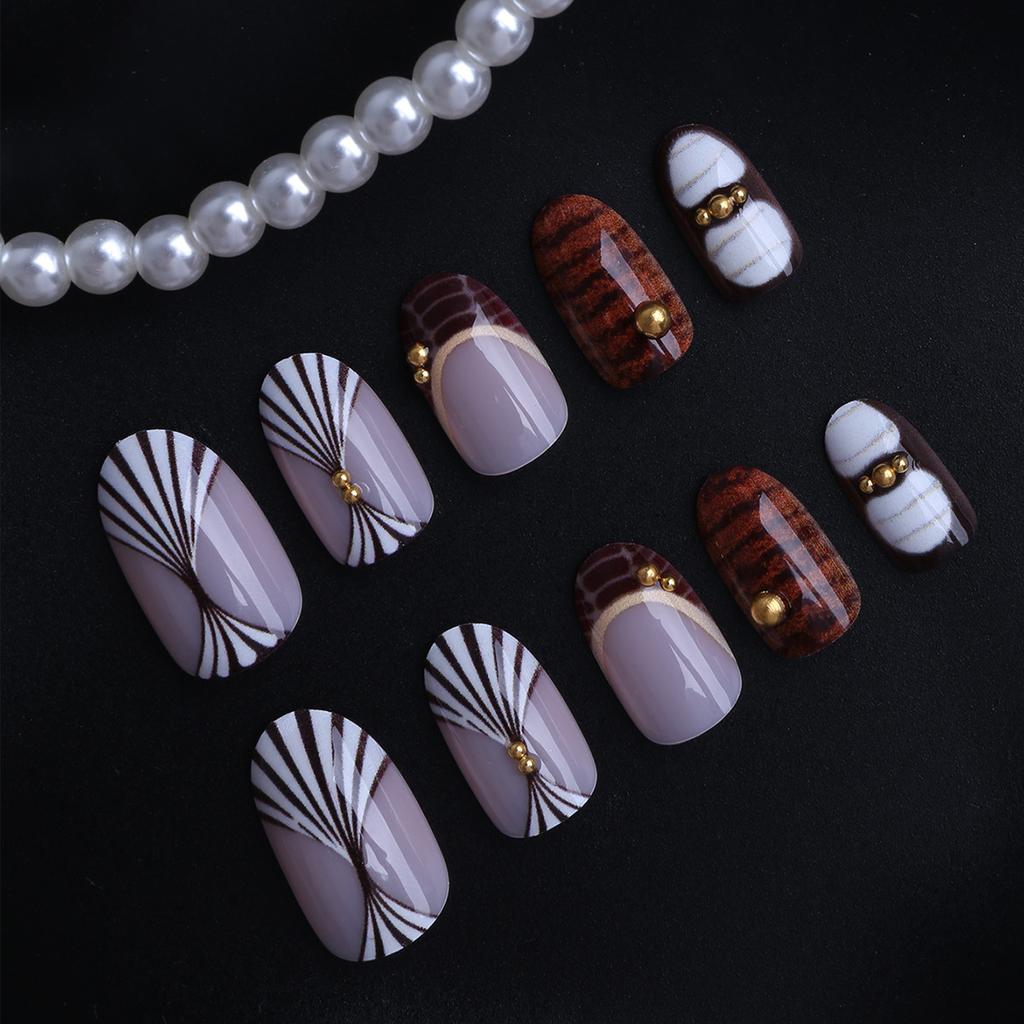 24-piece oval-shaped press-on nails in autumn and winter, ins-style coffee color with crocodile pattern