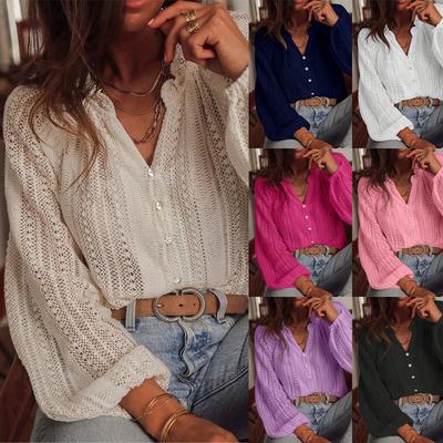 Dámské podzimní halenky a košile Krajkové s výřezy Dlouhý rukáv Výstřih do V Jednobarevné košilové topy Blusas de mujer