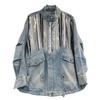 Womens Oversized Distressed Denim Jacket With Sequins Loose Fit Streetwear Long Sleeve Stand Collar