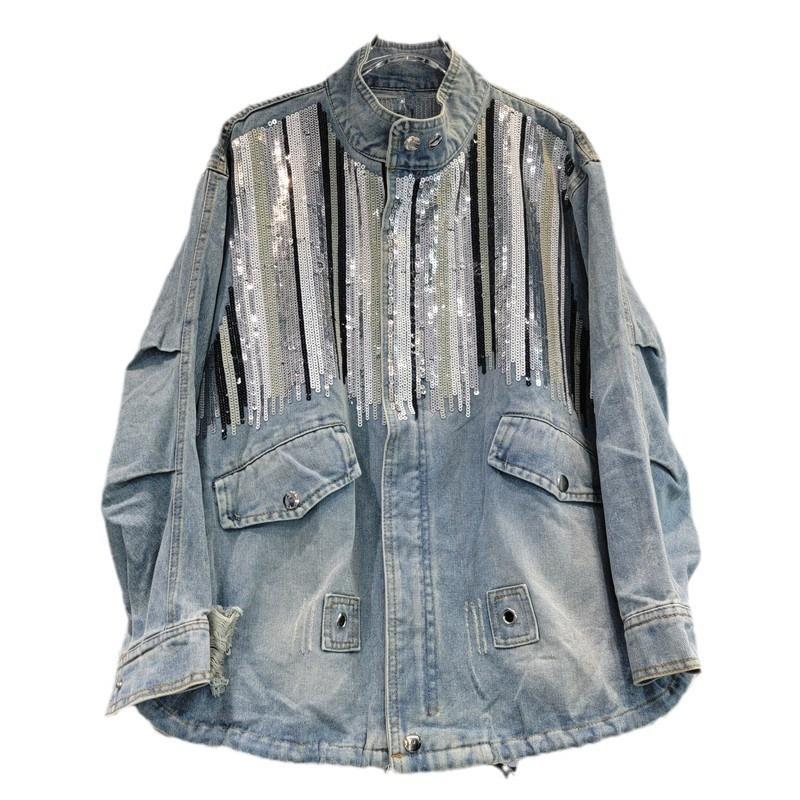 Womens Oversized Distressed Denim Jacket With Sequins Loose Fit Streetwear Long Sleeve Stand Collar