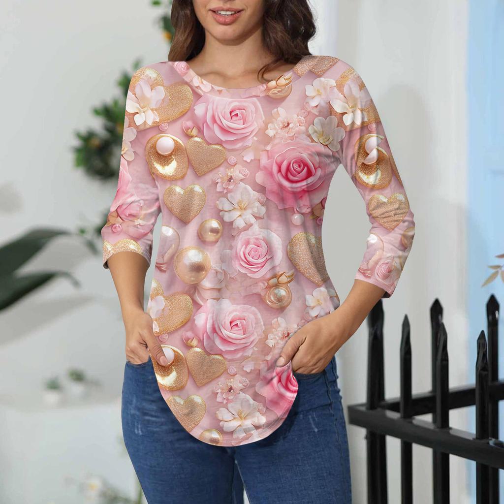 Womens T Shirts 3/4 Sleeve Shirts Solid Color Pullover Summer Spring Tops Blouses