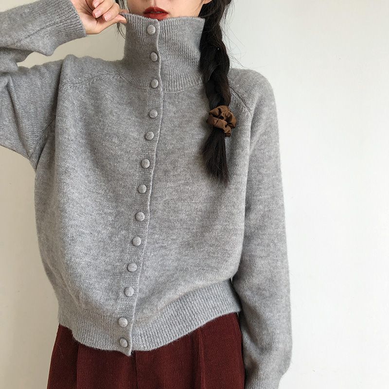 Soft Comfortable High Neck Sweater Cardigan Women Simple Single Breasted Cardigans Coat Autumn Solid Knitted Outerwear Lady