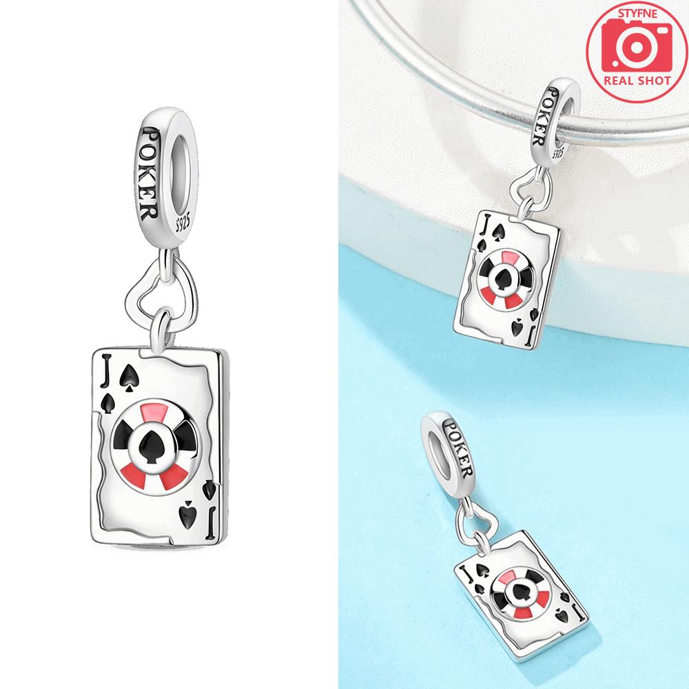 Charm 925 Silver Black Suit J Playing Card Pendant Red 10 Bead Fit Bracelet Women Jewelry Making Diy Gift Accessory