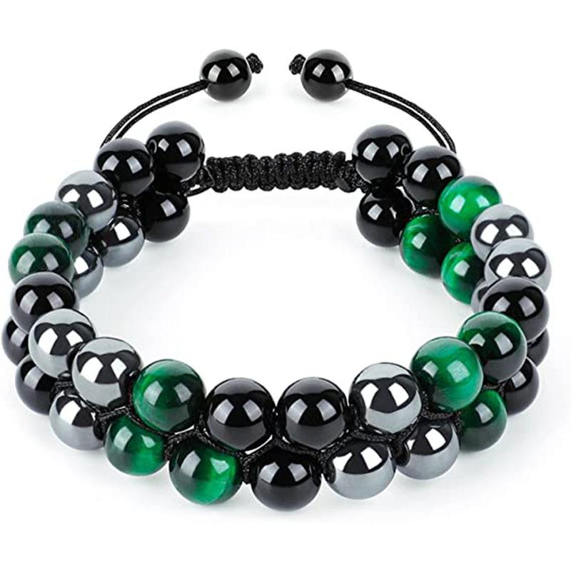 8MM Blue Tiger's Eye Black Magnet Bracelet Double Layer Handwoven Black Agate Double Row Bracelet Men's