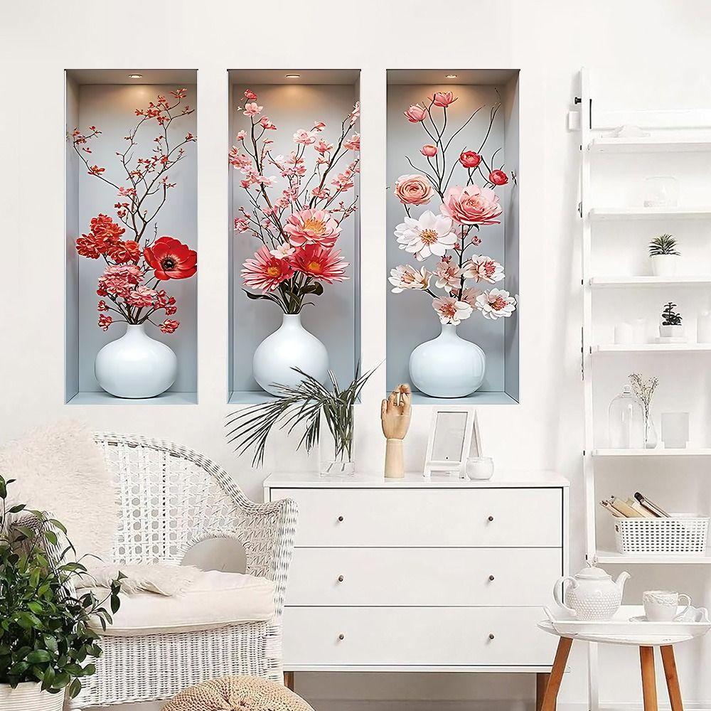 3Pcs Waterproof Flower Wall Sticker Plant Wall Sticker for Office Living Room Study Cabinet