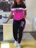 Large size women's two-piece set, 1D printing casual contrasting color round neck short-sleeved top and pants set, pants pocket.