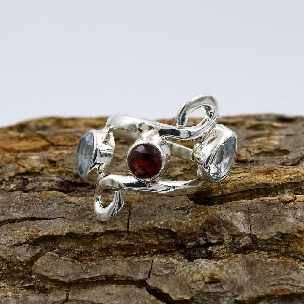 Solid 925 Sterling Silver Garnet Blue Topaz Handmade Ring, Statement Ring, Anniversary Gift, Silver Jewelry, Partywear Ring
