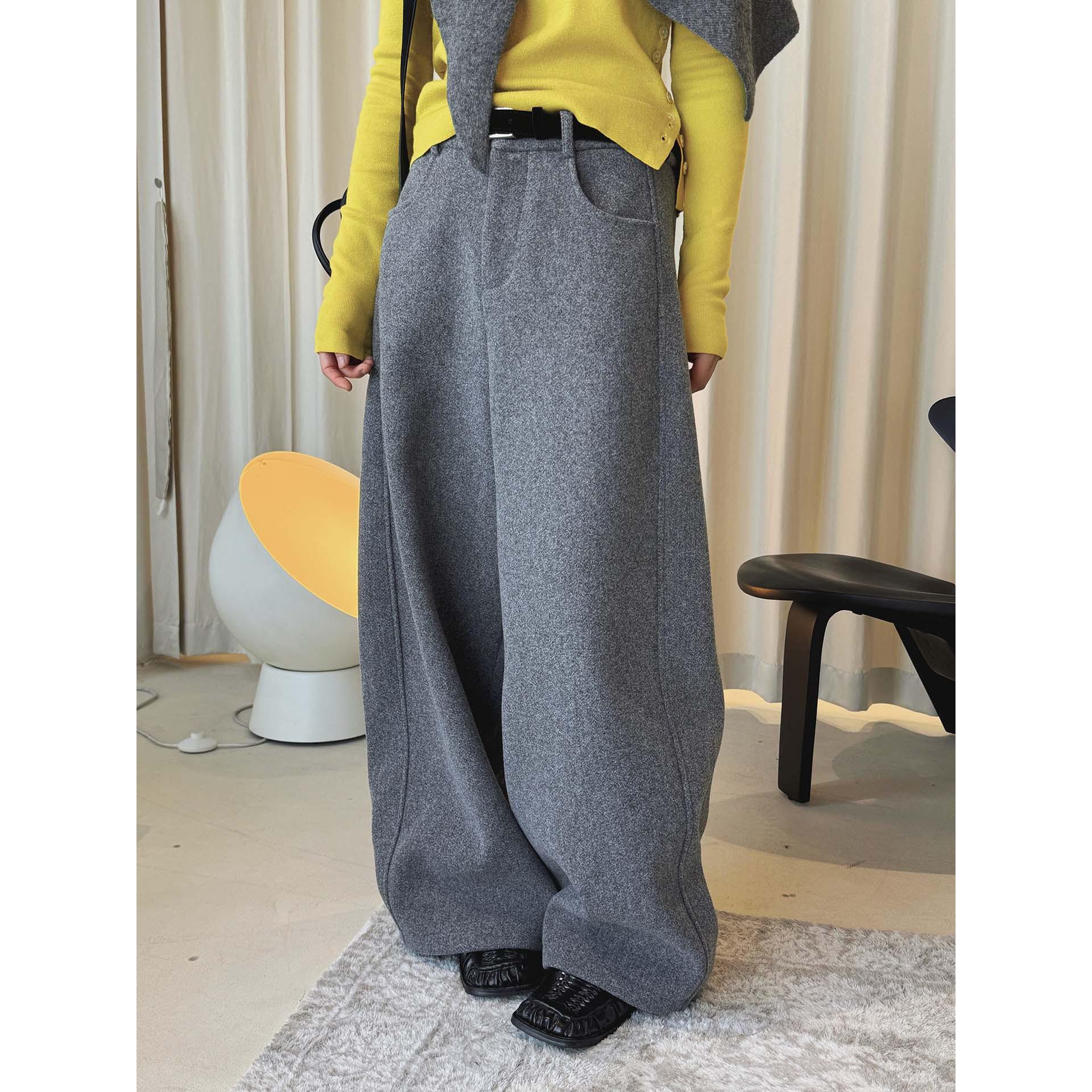Louvre Winter Korean Style Wool Blend Wide-Leg Trousers with Belt Large