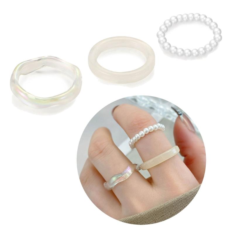 3 Pcs Minimalist Resin Finger Rings Beaded Elastic Stackable Ring Fashion Statement Ring Jewelry for Women Teen Girls