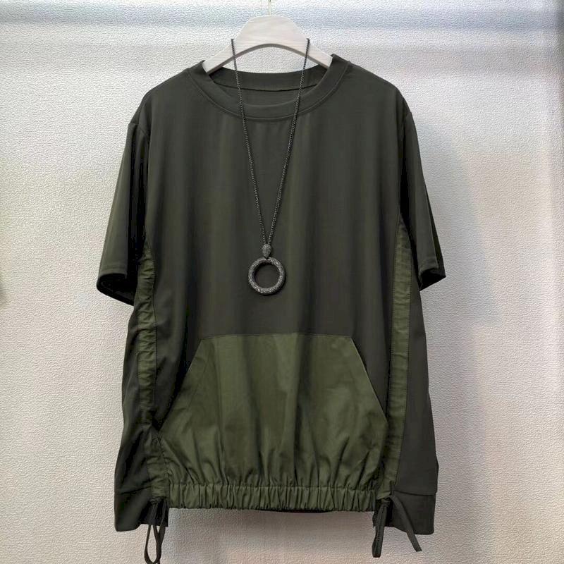 

Футболки в корейском стиле, женская мода, карманный дизайн, плиссированная футболка на шнурке, повседневные свободные топы с короткими рукавами, летняя трендовая футболка большого размера