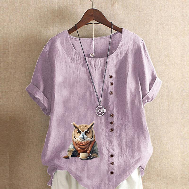 Women's Fashion Owl Prined Short Sleeve T-shirt Loose Cotton Shirt Casual Loose Summer Blouse Plus Size Tops