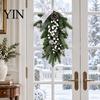 Rustic Pine Cone Red Berry Swag Christmas Teardrop Decoration, Artificial Wreath with Berries Cones Front Door Decoration And Bow for Door,