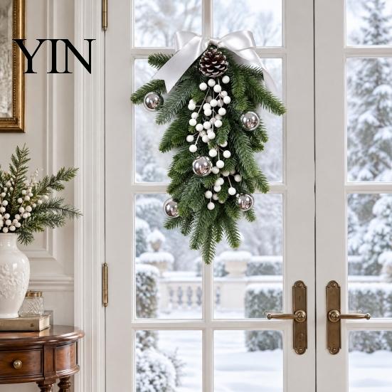 Rustic Pine Cone Red Berry Swag Christmas Teardrop Decoration, Artificial Wreath with Berries Cones Front Door Decoration And Bow for Door,