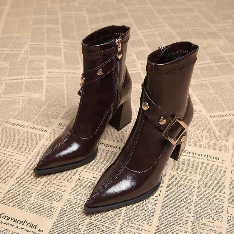 Women Boots Temperament Pointed High-heeled Boots High Quality High-heel Leather Boot Belt Buckle Designer Boots Bottines Femmes