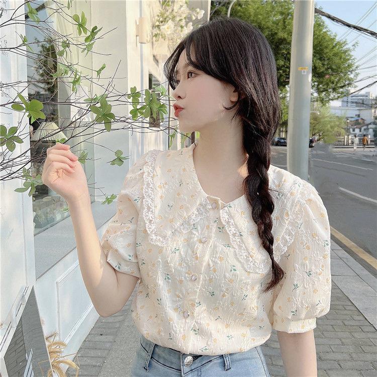 

Рубашка с цветочным принтом и французским воротником для женщин. Летняя свежая и милая рубашка с короткими рукавами S