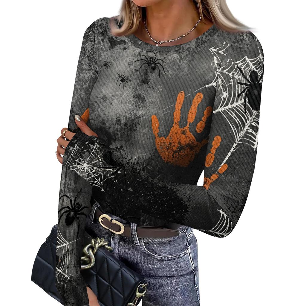 Women's Slim Fit Halloween Print Pullover Long Sleeve T Shirt Crew Neck Base Layer Top with Thumb Hole Cuffs