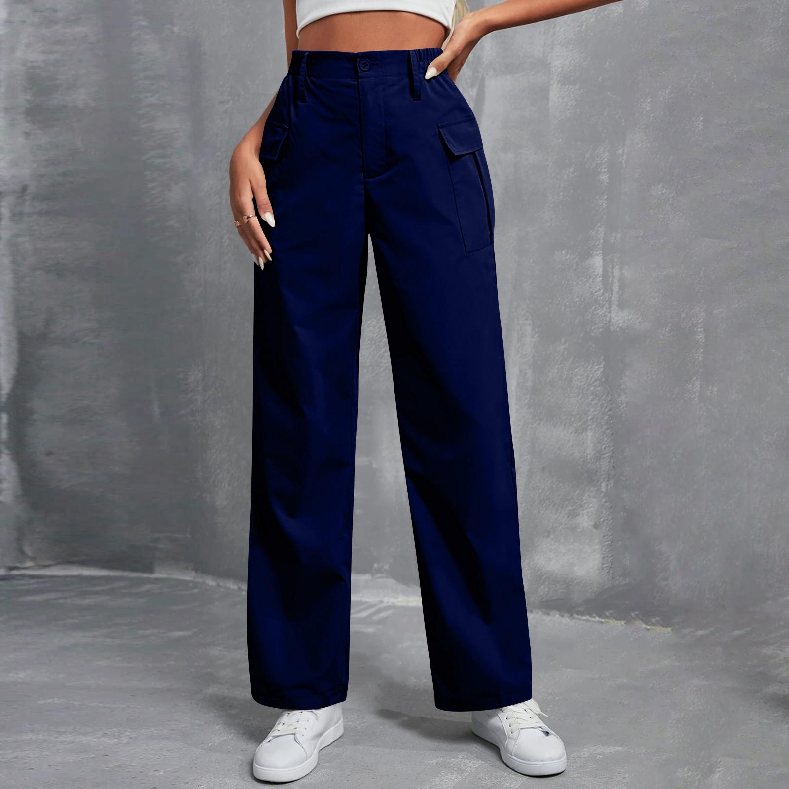 

Women s Fashionable Solid Color Button Zipper Elastic Waist Pocket Straight Leg Casual Pants XXL Темно-синій