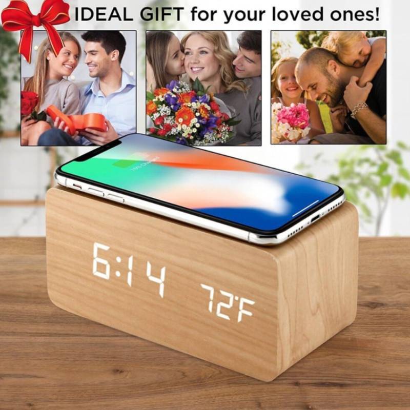 Modern Wooden Led Digital Clock With Temperature Display For Home Office Decor