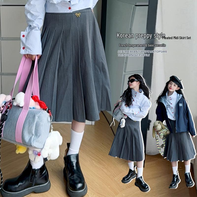 2025 Girls' Mid-Length Pleated Skirt with Bow & Metal Logo - Spring & Autumn Wear