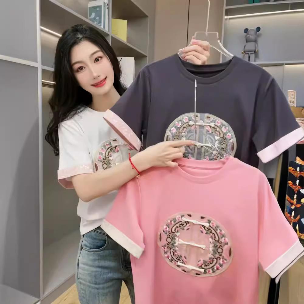 2026 Summer Women's Elegant Embroidered Chinese Style Short Sleeve Round Neck T-shirt
